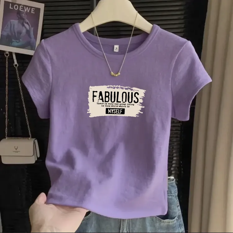 紫色棉麻正肩显瘦女士短袖涂鸦T恤不撞款肌理感圆领上衣文艺棉纱