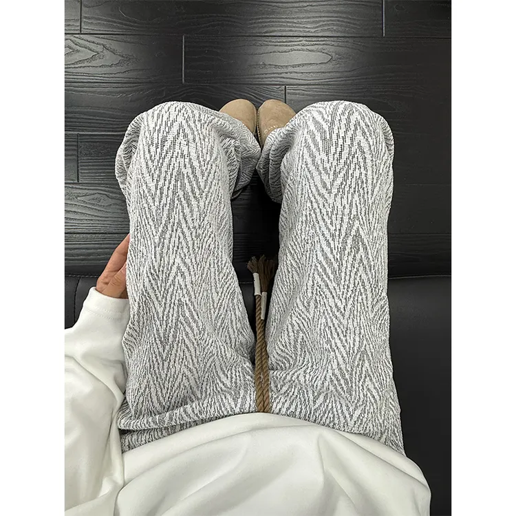 秋季重磅人字纹针织卫裤男宽松慵懒提花阔腿裤垂感直筒美式休闲裤