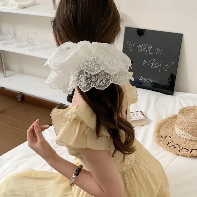 早春超仙大号蕾丝刺绣裙摆发圈高级感头花发绳气质皮筋头绳发饰女