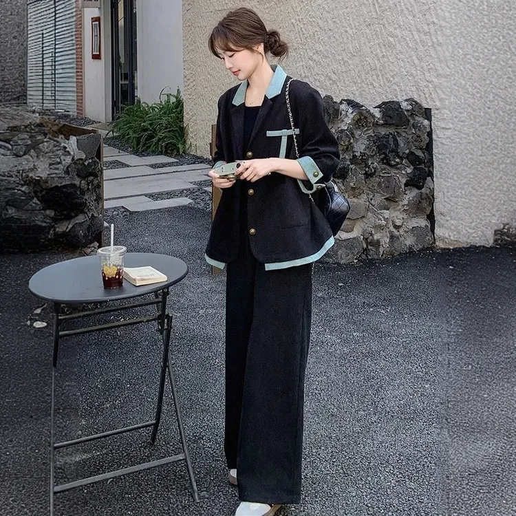 韩版设计感牛仔拼接外套阔腿裤两件套女春秋季新款西装长裤套装