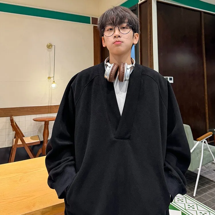 黑色重磅V领卫衣春秋男生韩系穿搭痞帅外套潮牌高级感情侣套头衫