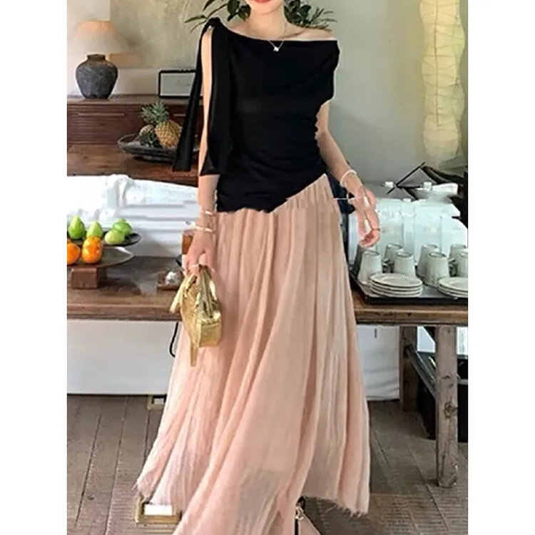 吊带半身裙两件套2025夏季新款一字领飘带上衣无袖+大摆a字裙伞裙