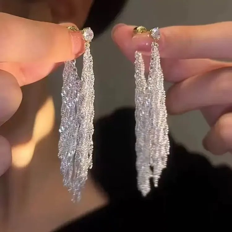 合金合成锆石耳饰 设计感银河瀑布流苏耳环女方圆脸显瘦气质长款