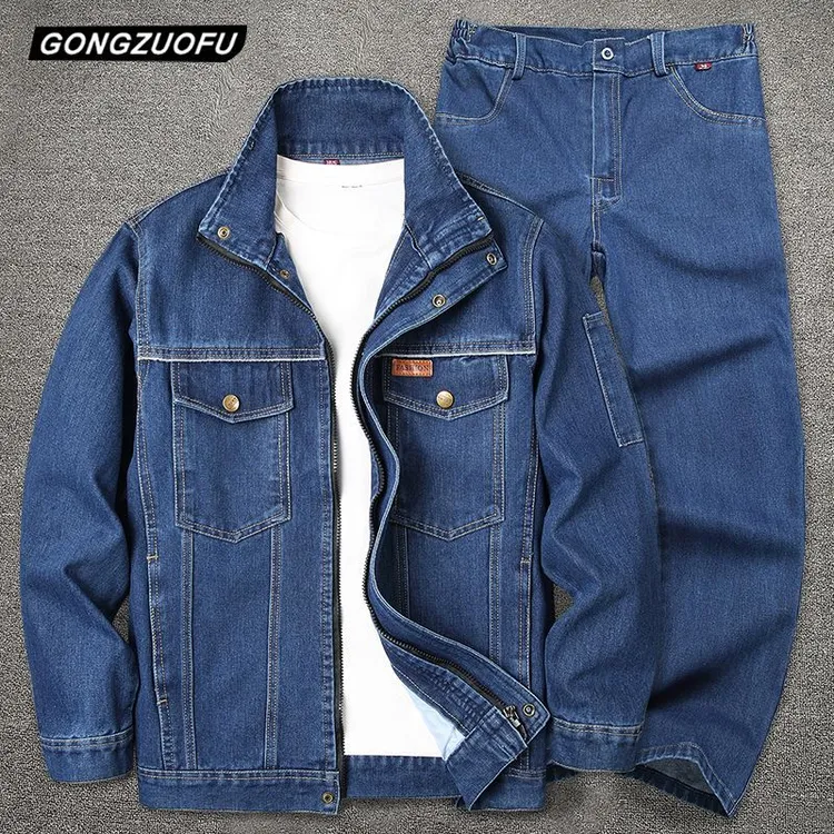 春秋焊工电焊牛仔防烫工作服电焊工套装男女立领耐磨劳保车间工厂