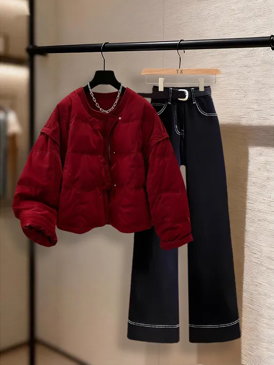 法式慵懒风一整套2025冬季新款暗红色小众漂亮棉服外套直筒裤套装