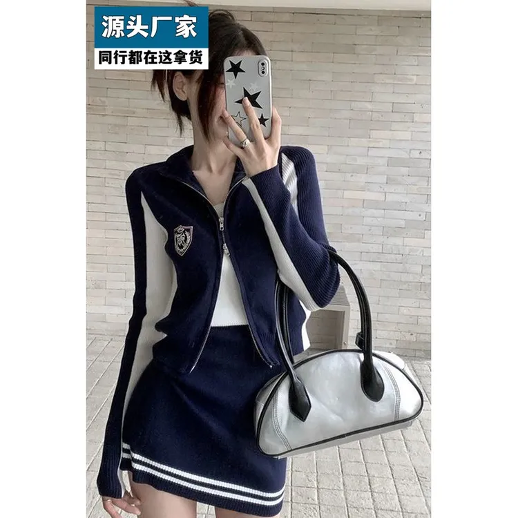 梵乐芬美式辣妹学院风套装秋季修身针织小个子高级感运动休闲短裙