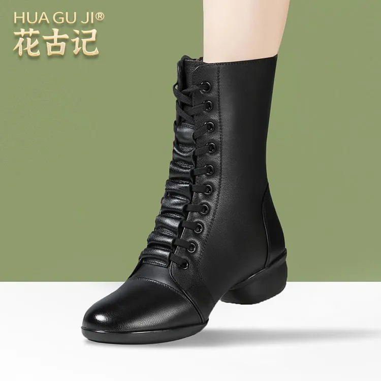 真皮四季舞蹈鞋女成人软底广场舞水兵舞靴子大码中跟高跟长筒靴