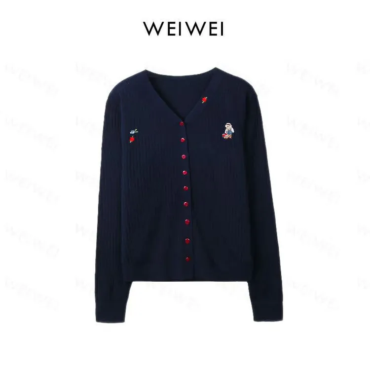 V领绣花针织开衫wr013