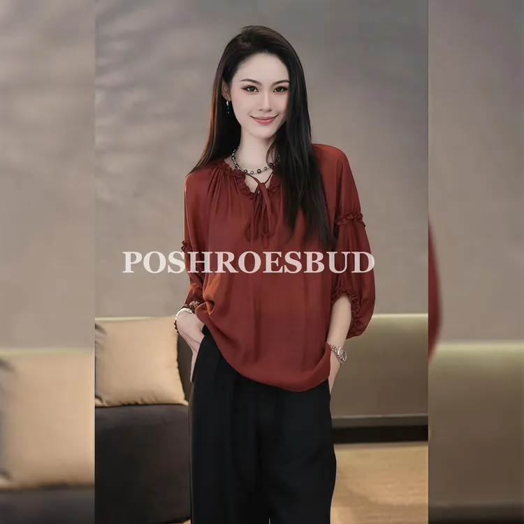 POSHROSEBUD【月下红颜】莱赛尔花边系带灯笼袖气质上衣衫-A10187