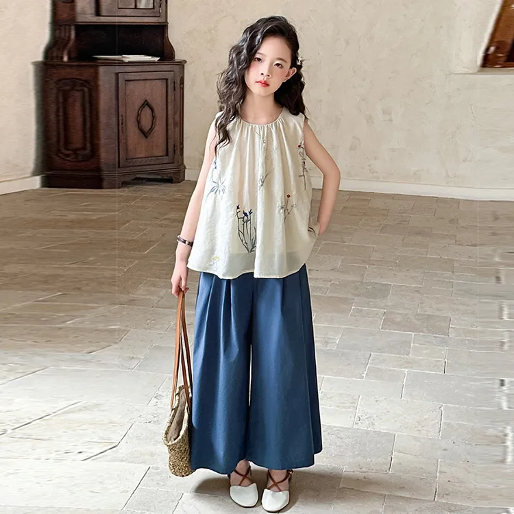 女童夏装国潮风刺绣无袖小衫套装2025新款洋气女孩阔腿裤子两件套