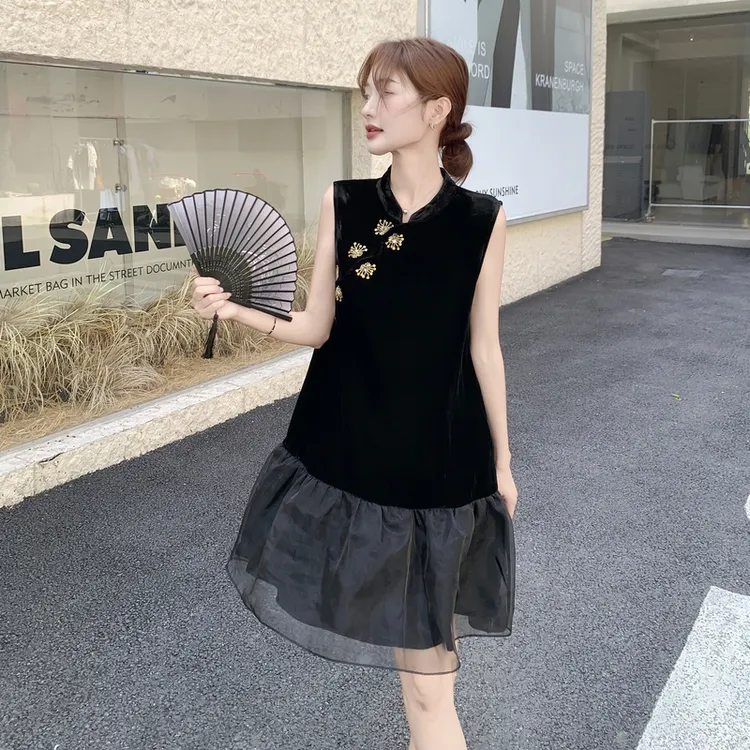 新中式唐装国风连衣裙中国风拼接黑色立领夏季气质显瘦气质时尚