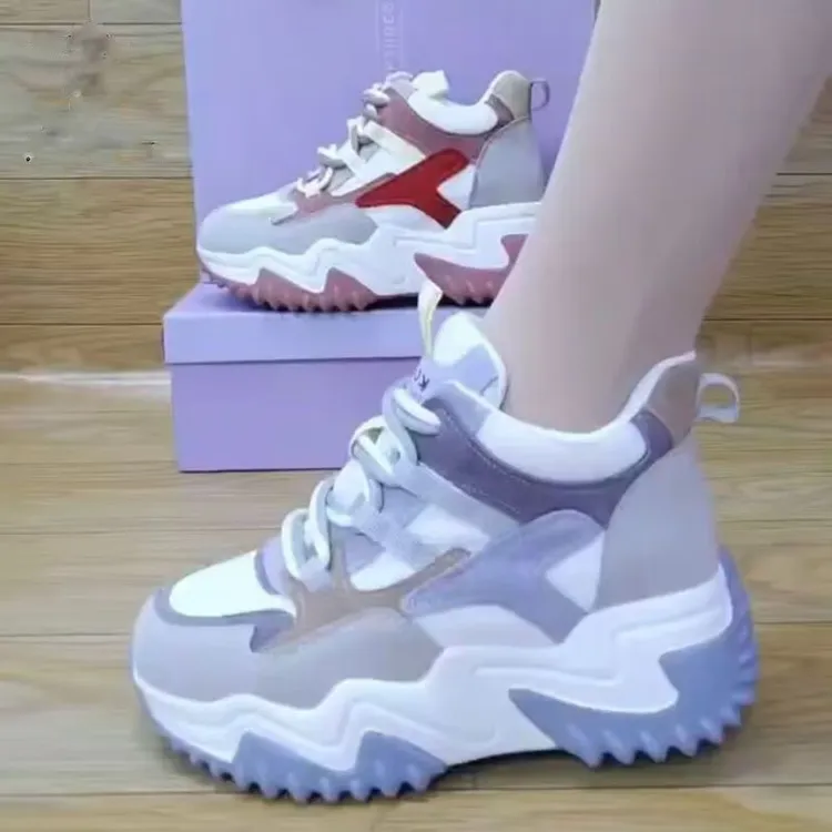 爆款2025春秋秋季新款厚底增高老爹鞋休闲轻便软底高帮运动鞋女款