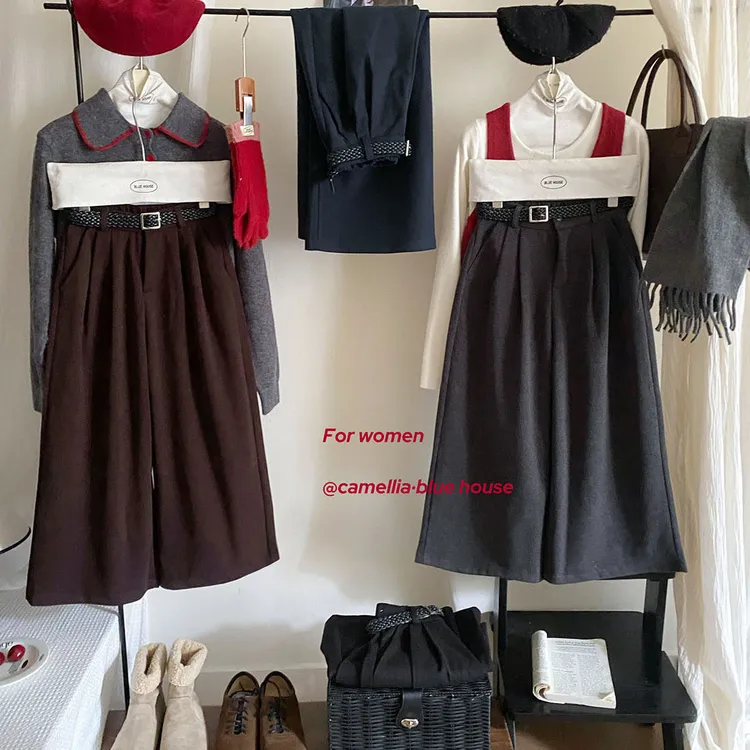 法式复古老钱风毛呢料压褶八分阔腿裤女秋松弛百搭直筒西装休闲裤