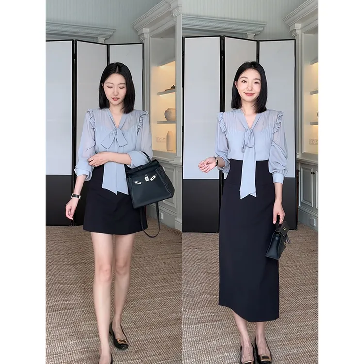 郭九九呢 气质荷叶边飘带衬衫百搭吊带收腰西装半身裙 G925A02565