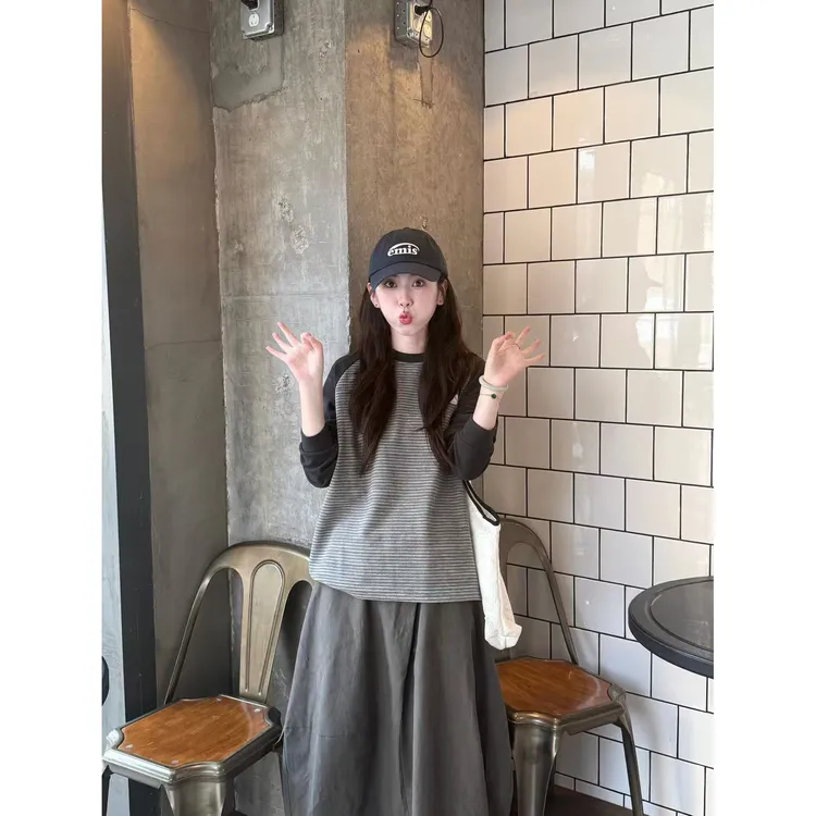 秋冬新款打底条纹拼接T恤韩系慵懒风圆领长袖套头上衣半身裙套装