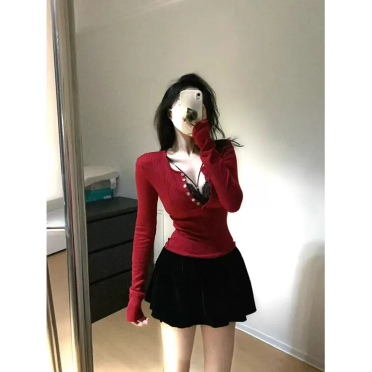 (嘻宝)圣诞红V领长袖针织衫女半开领修身短款收腰打底衫上衣8898