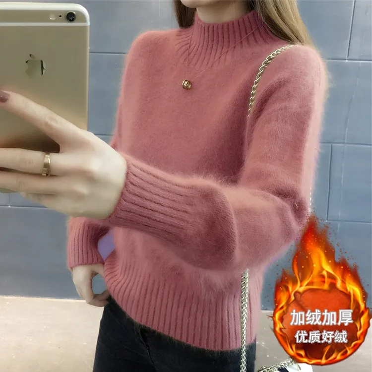 水貂绒新款针织衫女半高领2026年秋冬季加绒宽松套头打底衫毛衣潮