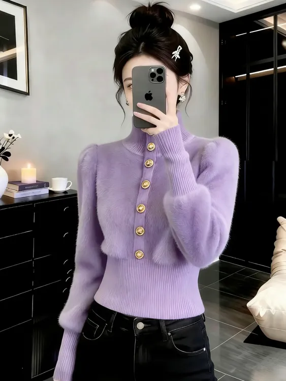 紫色新年毛衣女冬季爆款时髦名媛高级感气质收腰小香风针织上衣潮