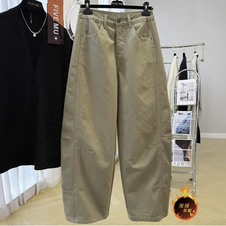 韩系独特别致加绒加厚工装休闲裤女秋冬慵懒风松弛感裤子弯刀裤