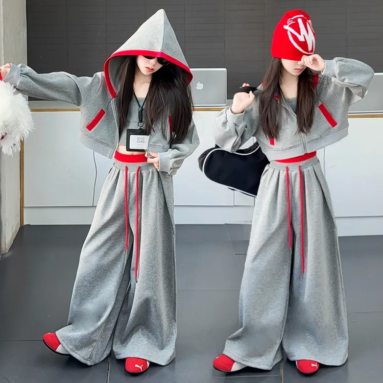 女童套装秋款2025大童女孩秋季连帽卫衣双腰头阔腿裤运动服两件套