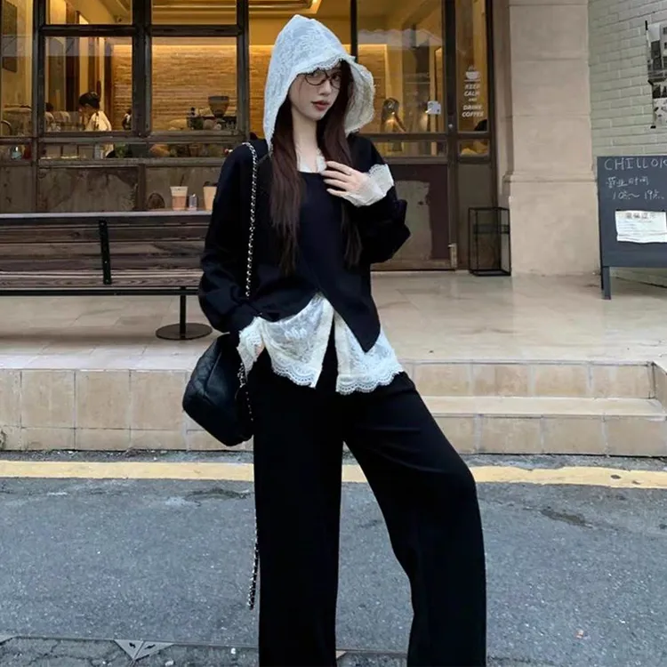 官图 宽松套头时髦卫衣上衣+蕾丝打底小衫+长裤休闲裤大码三件套