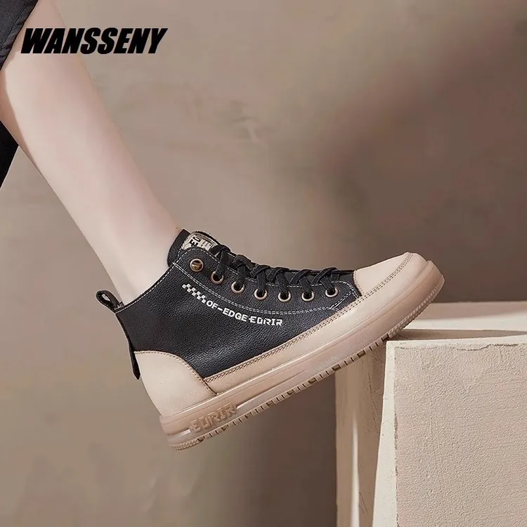 WANSSENY2025年新款头层牛皮高帮鞋子女真皮软底厚底运动休闲板鞋