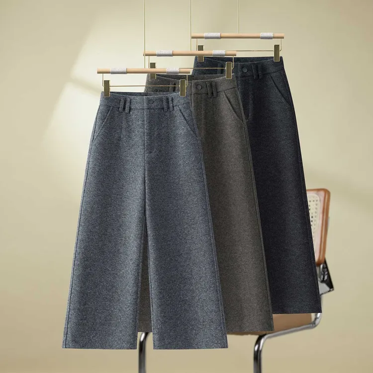 绵羊毛加厚羊绒八分裤女秋冬季高腰小个子显瘦阔腿宽松休闲直筒裤