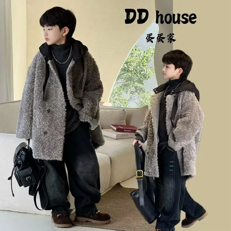 蛋蛋家【首尔初雪】25346冬季新款皮毛一体灰色黑帽圈圈毛大衣外套