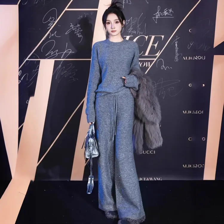 高级感毛衣套装女春秋2025新款韩版宽松慵懒风针织阔腿裤两件套潮
