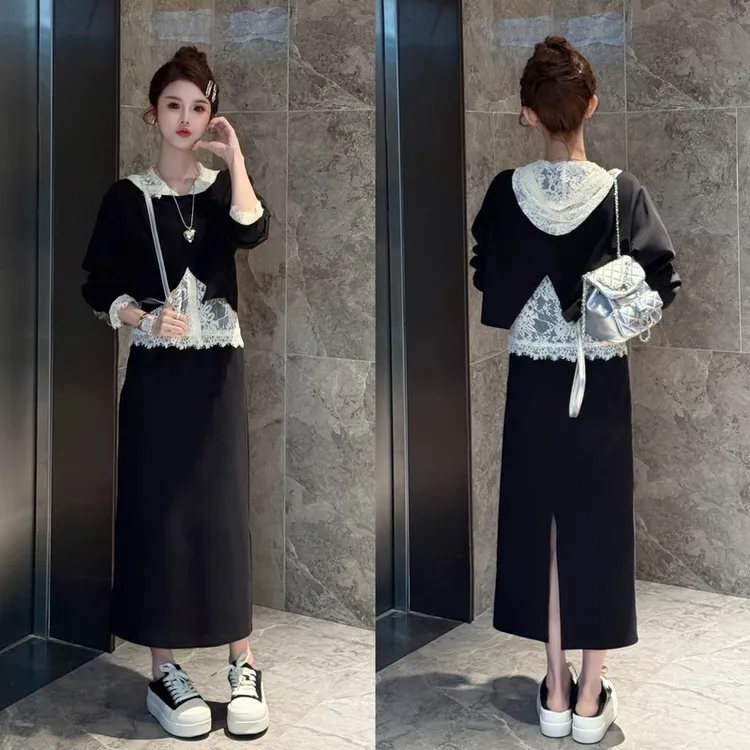 2025春季新款韩系慵懒通勤蕾丝连帽后背开叉减龄套装