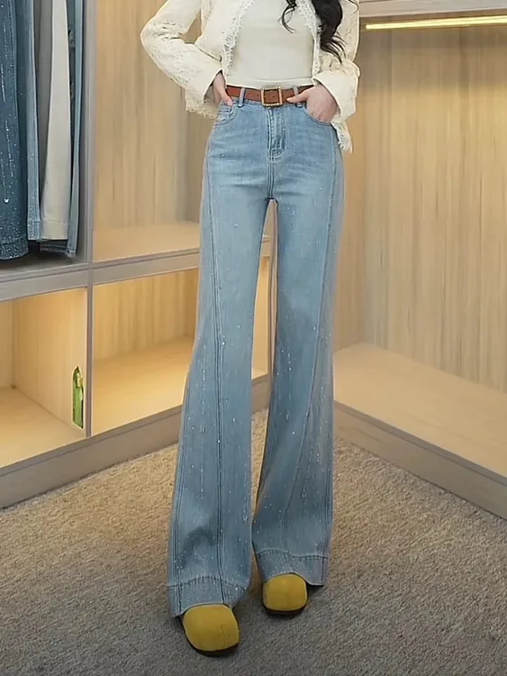2025年春季新款天蓝色弹力高腰阔腿烫钻显高偶有瑕疵介意勿拍