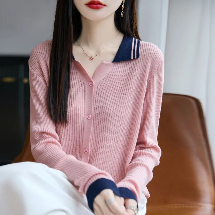 秋季新款~精纺羊毛针织衫拼色polo翻领韩版毛衣薄款女士长袖开衫