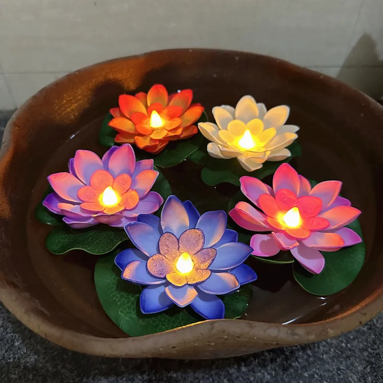 LED七彩许愿莲花灯营造氛围浮水鱼缸装饰小夜灯