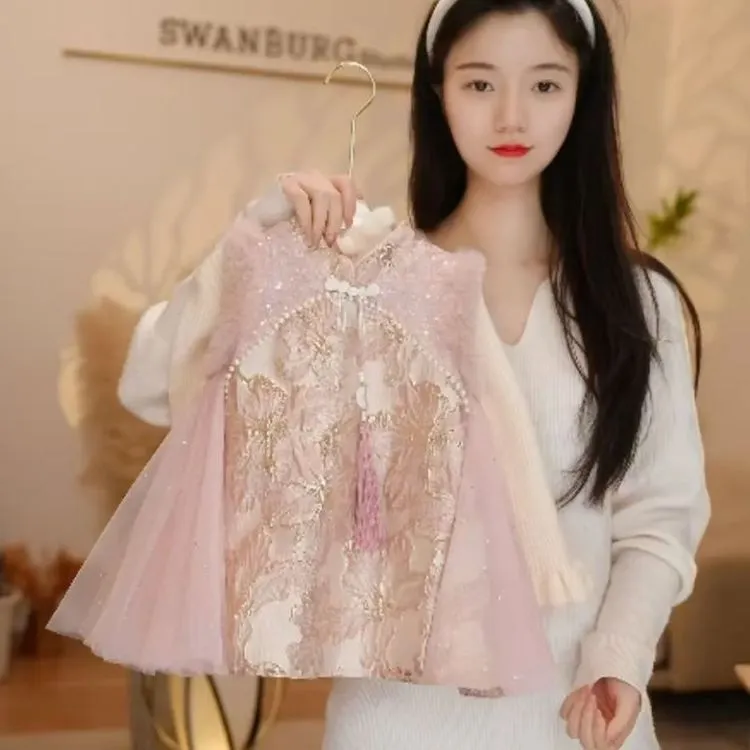 女 童旗袍冬季儿 童过年拜年服国风盘扣中式加绒连衣裙宝宝背心裙
