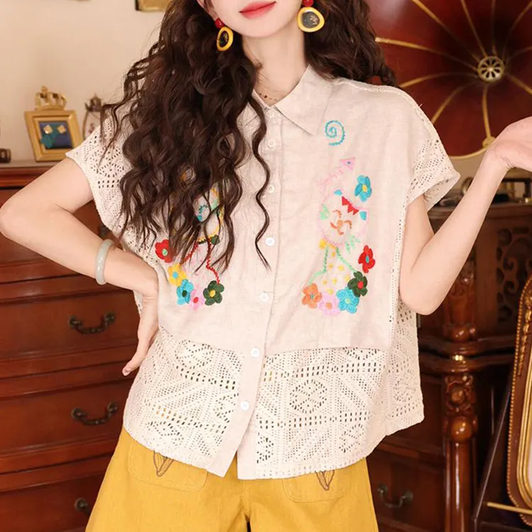 【猫咪童话】复古短袖衬衫女夏季新款设计感拼接镂空百搭宽松上衣潮