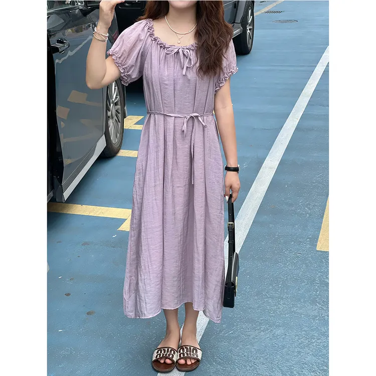 WenWen小个子2025夏款韩系设计感木耳边短袖连衣裙显瘦长裙3866