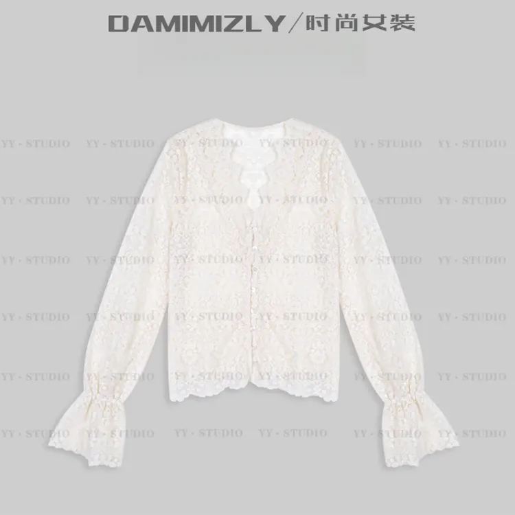 DAMIMIZLY早秋中式上衣蕾丝防晒喇叭袖开衫长袖T恤/秋装日韩服装