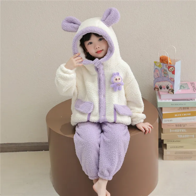 儿童睡衣秋冬小童加绒加厚宝宝法兰绒套装女孩珊瑚绒卡通家居服冬