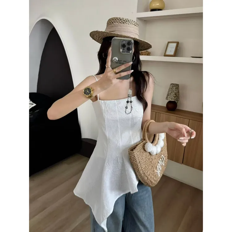 SP 高级感提花下摆吊带背心女辣妹遮肚子裙摆上衣赫本风小黑裙