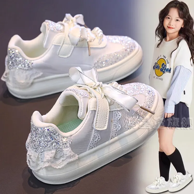 小白鞋2025春季新款儿童蕾丝低帮板鞋休闲女孩鞋子皮面儿童运动鞋