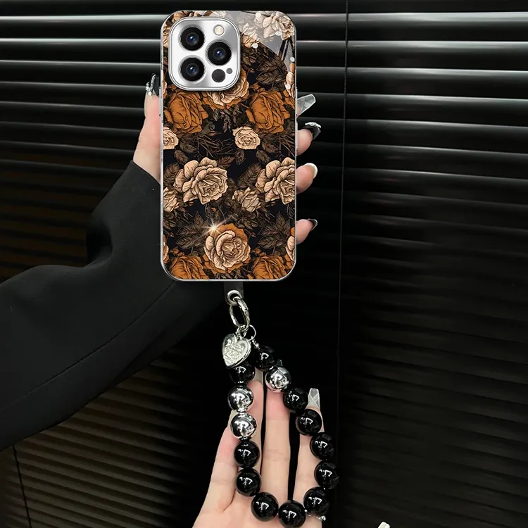 复古玫瑰花适用苹果vivo华为oppo小米iPhone16电镀玻璃壳手机壳