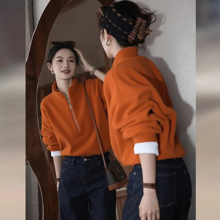 女士橘色高领卫衣外套2025秋冬高级感宽松洋气显瘦减龄半拉链上衣