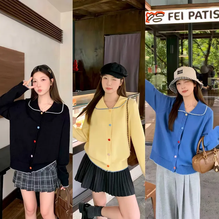 清大码撞色设计感娃娃领纽扣针织衫2025秋冬慵懒风宽松上衣69388