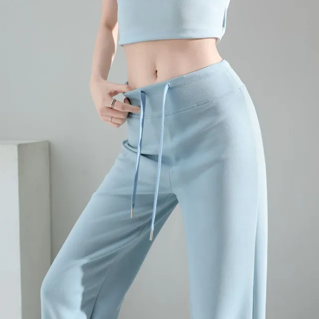 美式蓝色阔腿裤女春夏高腰绑带垂感瑜伽提臀显瘦直筒运动梧桐卫裤