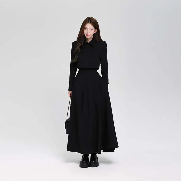 【粥粥】【黑色】【两件套】【有里布】气质时尚显瘦高腰裙子套装LJ0065