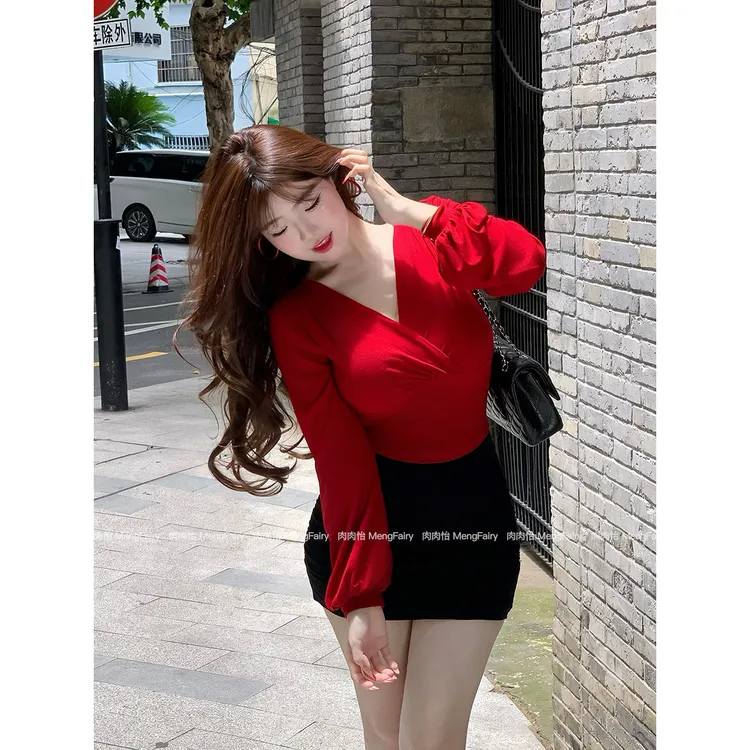 萌面侠肉肉怡 现货【南韩御姐】设计感交叉上衣褶皱半裙5771B 4459M