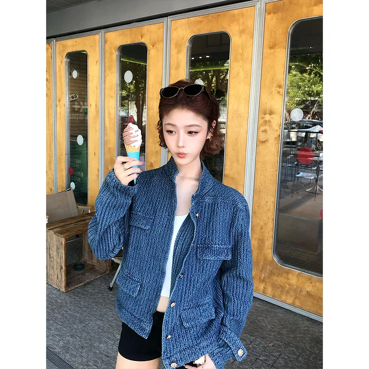 高级感气质小香风牛仔外套女秋季短款小众设计感立领蓝色夹克上衣