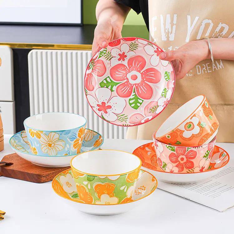 花漾碗盘套装4碗4盘四色混装家用陶瓷餐具网红餐具饭碗高温釉下彩