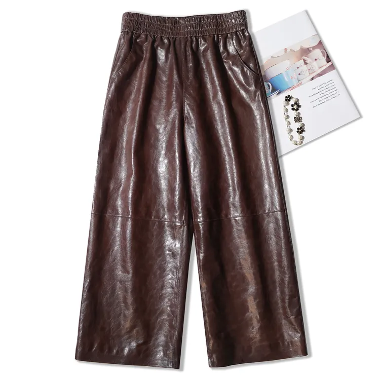 真皮皮裤女士100%油蜡绵羊皮九分长裤阔腿裤海宁2025新款高腰显廋
