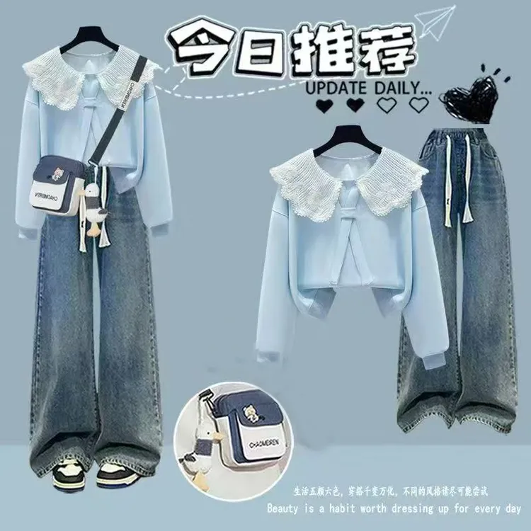 少女春秋学院风穿搭一整套青少年大童初中高中生卫衣牛仔裤套装潮